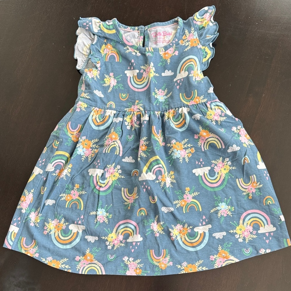 Ruffle Butts Blue Dress with Rainbow and Floral Design